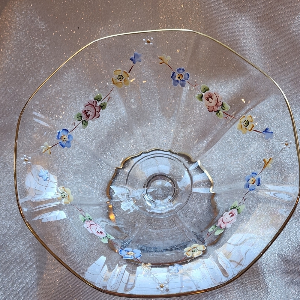 Vtg  Enameled Flora Footed Compote Candy or Sweet Meat Dish Hand Painted Floral